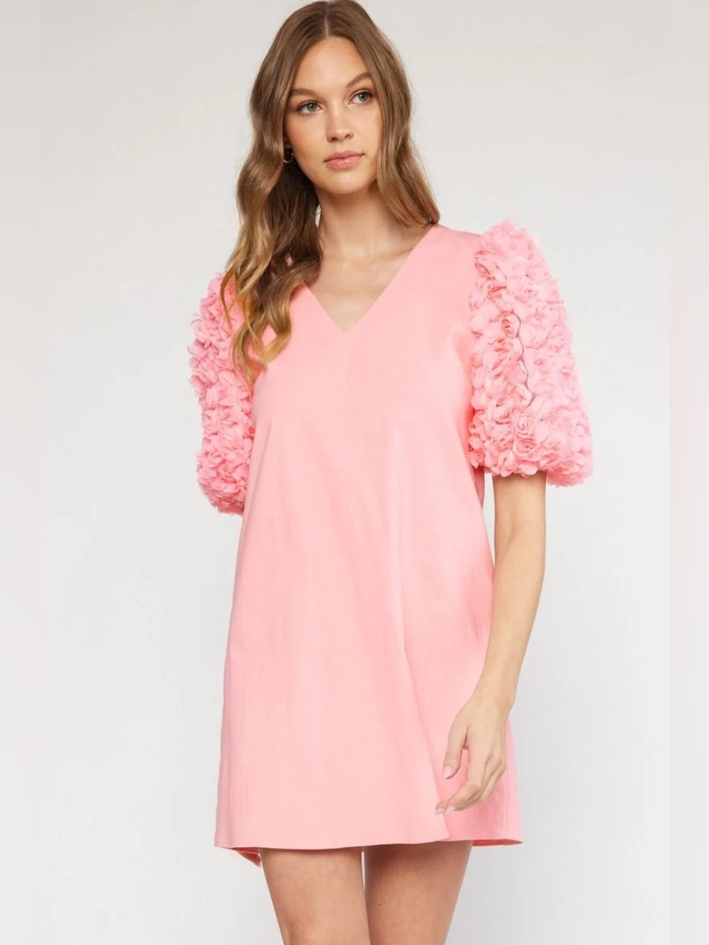 NWT entro Pink Puff-Sleeve V-Neck Mini Shift Dress Large